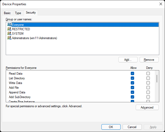WinObjEx64 Device Properties - Everyone has full access