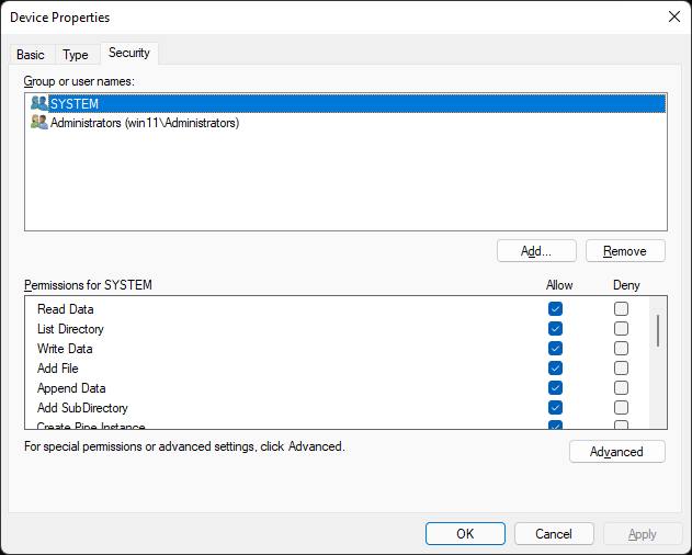 WinObjEx64 Device Properties - SYSTEM has full access